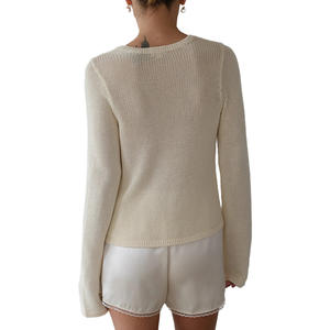 Venta al por mayor de suéter de punto de las mujeres personalizadas 100% de algodón de cuello redondo de punto abierto Casual Preppy de alta calidad de color sólido con estilo de uso diario - Product Image 5