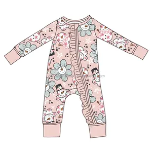 Boutique Crianças Meninas Bambu Ruffle Zipper Pijama Romper Snowman Padrão Floral Crianças Sleep Wear