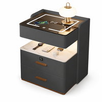 Table de chevet intelligente avec charge sans fil, verrouillage par empreinte digitale, lumière LED, texture en similicuir marbré, table de chevet moderne pour chambre à coucher