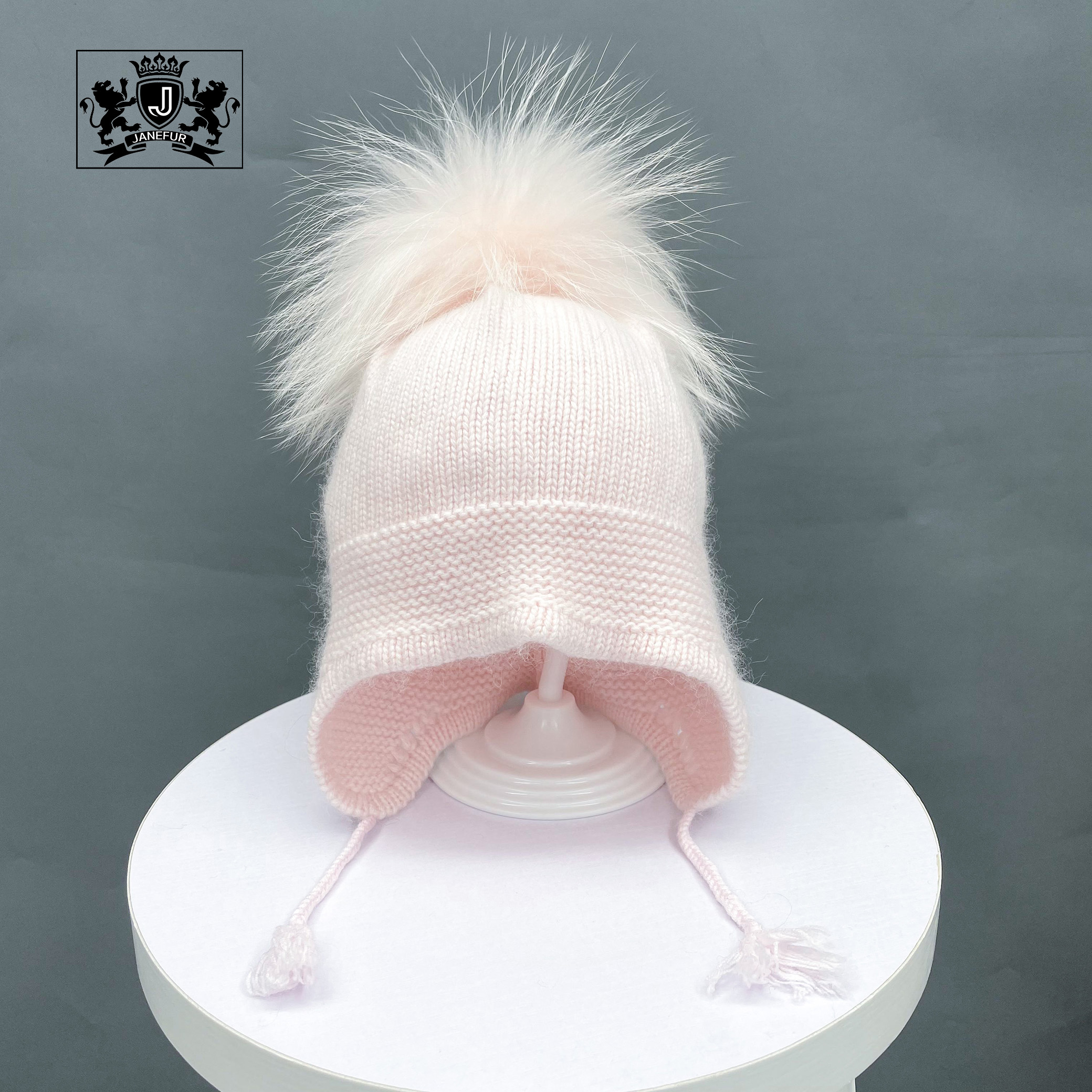 Оптовая продажа, модная детская вязаная шапка из ангоры с меховым помпоном, симпатичные зимние детские шапки с помпоном