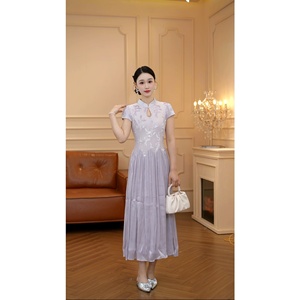 9189 [<span class=keywords><strong>Greo</strong></span> Classic] Nuovo Abito Cheongsam Elegante in Stile Cinese, Viola, con Vita Sottile e Gonna Ampia, per la Stagione Primaverile, in Poliestere - Product Image 1