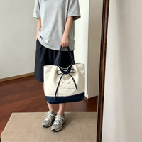 Sac fourre-tout en toile écologique et durable, bicolore, avec logo personnalisé imprimé, fermeture ouverte, grande capacité, réutilisable