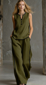 Conjuntos de 2 Piezas para <span class=keywords><strong>Mujer</strong></span>, Chaleco de <span class=keywords><strong>Lino</strong></span>, Pantalones Anchos, Trajes Casuales Elegantes - Product Image 3