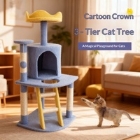 Grand arbre à chat en sisal avec structure d'escalade, lit pour chat intégré, villa de style dessin animé avec toit en forme de couronne, griffoir et plateau