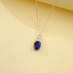 925 Sterling Silver <b>Pendant</b> Necklace, <b>Emerald</b> Cut Lab Created Sapphire with Round CZ Accent Fine Jewelry for Women - Product Image 4