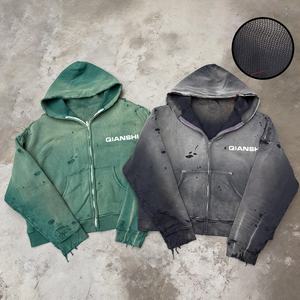 Sudadera con capucha de punto gofrado oversize estilo streetwear, con hombros caídos, cremallera y efecto desgastado, de tejido grueso con lavado ácido, para fabricantes - Product Image 1