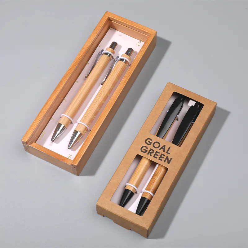 पर्यावरण के अनुकूल टिकाऊ बांस लकड़ी 2PCS सेट धातु प्लास्टिक क्लिप Ballpoint बॉल पेन
