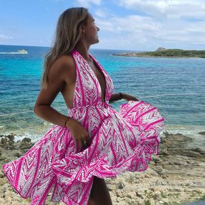 Pink Geometric Print Halter Neck Flared Sundress <b>Sleeveless</b> Woven Breathable High Waist Knee-Length Casual <b>Summer</b> <b>Dress</b> - Product Image 2