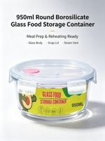 950ml Borosilicaat glazen voedselcontainer met luchtdichte deksel, ronde voorraaddoos voor maaltijdvoorbereiding, keuken, koelkast en lunch
