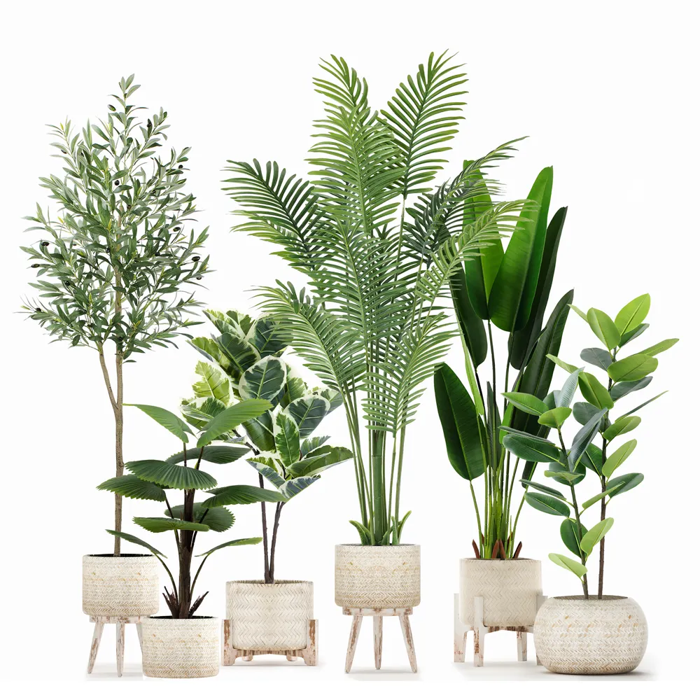 Tropical Faux Areca Palm Green Monstera Bonsai Plastic Fake Pots Garden Indoor Home Decore Olive Plants Artificial Trees