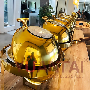 Hotel Buffet Calentador de alimentos térmico Juego de calentador de alimentos dorados Hotel Acero inoxidable 6L Rollo redondo Platos de frotamiento superior - Product Image 1