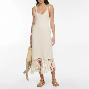 Blanco con flecos de algodón hasta la rodilla vestido personalizado moda señora elegante verano niñas Casual vestidos de mujer Vestidos de punto - Product Image 1