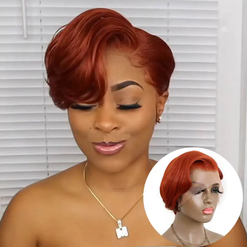 Wholesale Indian Virgin Ginger Orange 13x4 Transparent Lace Front Wig Straight Short Pixie Cut Human Hair Wigs for Black Women