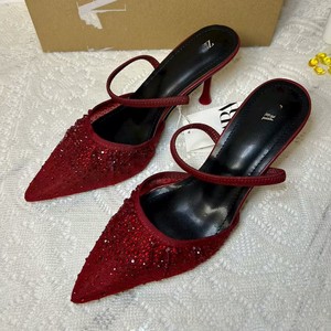 Sandalias de tacón fino con correa y diamantes de imitación, transpirables, de malla, para mujer, estilo slip-on, negras, de tacón alto, novedad de verano - Product Image 4