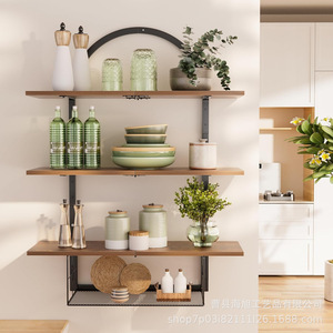 Iron Wood <b>Wall</b> <b>Mounted</b> <b>Shelf</b> 3 Tier Floating Storage Rack For Living Room Kitchen Display Organization - Product Image 3