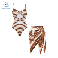 Nieuw ontwerp op maat gemaakte strepenprint badpak uitgehold damesmode tweedelig bikiniset met print zwemjurk