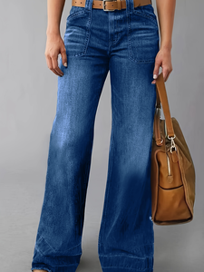 Jeans de Mujer Azul Cobalto con Bolsillos Delanteros Grandes, Estilo Holgado, Elegante y Casual para Damas - Product Image 1