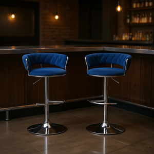 <b>Adjustable</b> Velvet Bar <b>Stools</b> Chrome Base Swivel Design Blue Set Of 2 - Product Image 2