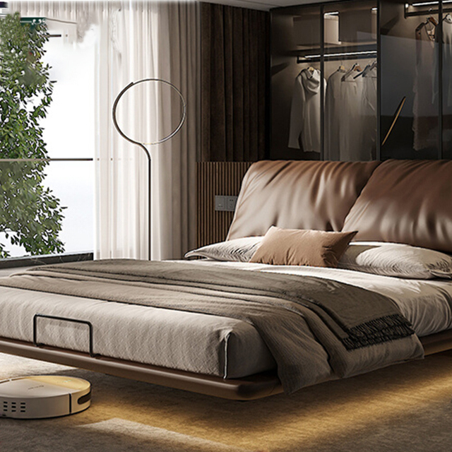 Italian Light Luxury King/Queen Size Double Solid Wood Modern Elephant Ear Floating Bed Panel Walnut Color Eco-friendly Bed