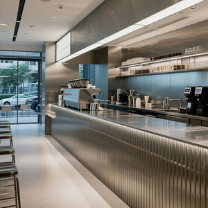 Comptoir de réception d'hôtel en acier inoxydable poli en forme de L moderne en gros pour café, centre commercial, écologique, personnalisable - Product Image 4