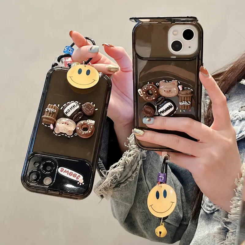 3D Cute Silicone Cartoon Phone Case With Chain For IPhone 14 Pro Max Case Mobile Cover With Mirror Camera Slide Case For Girl