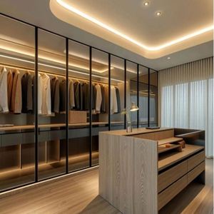 Armoires doubles minimalistes haut de gamme personnalisées, portes en bois et en verre, écologiques, meubles de chambre à coucher, dressing - Product Image 2