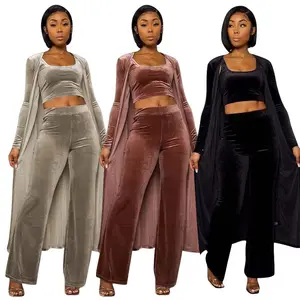 Veludo conjunto de 3 peças para mulheres, 3 peças, cardigan com capuz, conjunto de calças, calças de lazer para mulheres