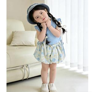 Completo Estivo per Bambine 2026, Nuovo Stile Occidentale, T-shirt con Pizzo, <span class=keywords><strong>Pantaloncini</strong></span> Bloomers, Fiori Cartoon, Abbigliamento per Bambini in Poliestere - Product Image 6