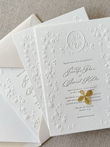 การ์ดเชิญงานแต่งงานสุดหรูแบบสั่งทำพิเศษ พร้อมลายนูนดอกไม้  งานพิมพ์เลตเตอร์เพรส  ชุดการ์ดเชิญเจ้าสาว - Product Image 1