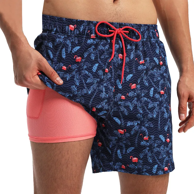 Özel Logo mayo plaj şortu erkek baskı palmiye Flamingo 100% Polyester hızlı kuru Beachwear şort kısa erkek mayosu erkekler için