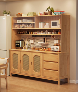 <span class=keywords><strong>Buffet</strong></span> <span class=keywords><strong>haut</strong></span> en bois massif avec portes vitrées, organisateur à panneaux perforés et tiroirs – Meuble de rangement autoportant pour cuisine - Product Image 4