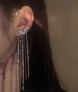 Trendy Diamond Crystal Star Tassel Ear Cuff Wrap Earrings Fancy No Pierced Glitter Cubic Zirconia CZ Star Clip On Earrings Hook