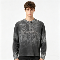 T-shirt personnalisé Kornit DTG, fabrication OEM, chemise Henley à manches longues en tricot gaufré pour homme, motif graphique en strass, effet vintage délavé