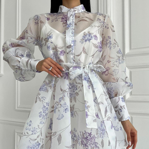 <span class=keywords><strong>Abito</strong></span> Estivo da Donna con Stampa Floreale, Maniche Lunghe in <span class=keywords><strong>Organza</strong></span> e Cintura, con Top Interno a Canotta - Product Image 2
