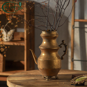 Vintage Metal Kettle <b>Vase</b> With Handle Rustic Decor For Home Desktop - Product Image 2