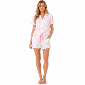 <span class=keywords><strong>Pigiama</strong></span> di Lusso in <span class=keywords><strong>Raso</strong></span> con Stampa a Fiocco per Donne, Maniche Corte, Set Due Pezzi in Seta Liscia Rosa e <span class=keywords><strong>Bianco</strong></span>, Abbigliamento da Notte - Product Image 6