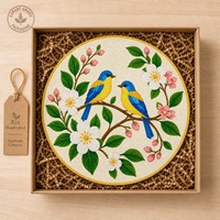 Set de table rond en perles de verre blanches imprimées sur mesure, motif branche de fleur d'oiseau bleu, pour la vente en gros