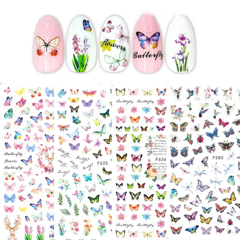 2022 Valentines Selbst klebende Blume Schmetterling Design 3D Nail Art Deco Aufkleber Blätter Love Heart Decals für Maniküre Fake Nails