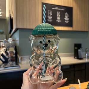 Novedad: Taza de café de cristal con diseño de oso de peluche fresa rosa 2026 para regalo, 20 oz, con tapas y pajitas - Product Image 4