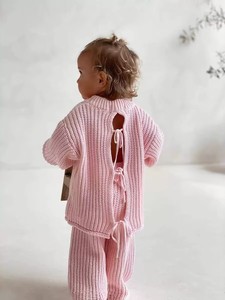 Ensemble de vêtements en tricot pour bébé fille, pull en tricot épais 100% coton uni à nouer dans le dos et pantalon, vêtements en tricot pour enfants, hauts, leggings, tenue - Product Image 3