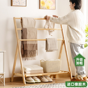 Minimalist style solid wood clothes rack, floor-standing <b>bedroom</b> clothes rack, simple standing clothes rack with storage <b>shelf</b>, - Product Image 1