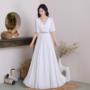White Evening Gown Long Dress For Women Stage Performance Coming Of Age Ceremony - Product Image 4
