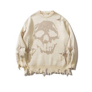 <span class=keywords><strong>Pull</strong></span> tricoté surdimensionné déchiré à manches longues pour homme, style gothique Y2K grunge, streetwear, unisexe, personnalisé OEM - Product Image 2
