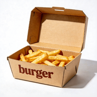 Emballage à emporter pour frites de barbecue en carton ondulé biodégradable, écologique, avec logo personnalisé en relief bronzé, conception gratuite