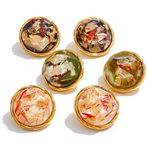 जिनयू 3683 विंटेज फ्रेंच रेसिन रंगीन बालियां तेल चित्रकला शैली 18k सोने के गोल कान स्टड - Product Image 1