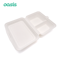 Oasis Boîte à lunch jetable écologique de 9 pouces, étanche et sûre pour les assiettes, nouveau design à charnière, bagasse de camping à 2 compartiments