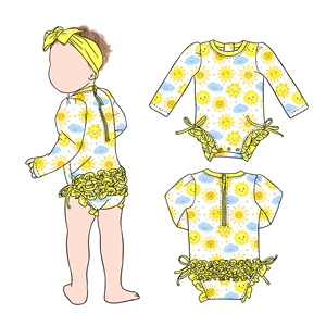 Costume da bagno intero a maniche lunghe con stampa estiva Little Glow Kid, con volant sul retro, per bambine, ideale per viaggi <span class=keywords><strong>in</strong></span> <span class=keywords><strong>spiaggia</strong></span> a Hawaii. - Product Image 1
