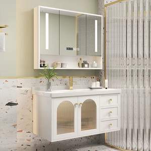 <b>Wall</b>-Mounted White Bathroom Vanity Unit With Gold Handles Arched LED <b>Mirror</b> Cabinet - Product Image 4