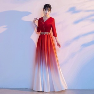 Women Gradient Long Dress Red To Navy Blue Satin Stage Performance Gown For Choir Conductor Host Outfit - Product Image 3