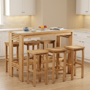 Conjunto de Bar para Exteriores de Teca Mediterránea, Muebles de Madera Rectangulares Modernos y Duraderos, Taburetes y Mesa para Cocina, Comedor y Patio - Product Image 3